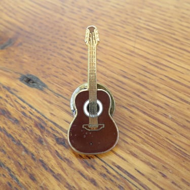 Vintage 80's Guitar Pinback Lapel Pin Enamel Brown Acoustic Guitar 