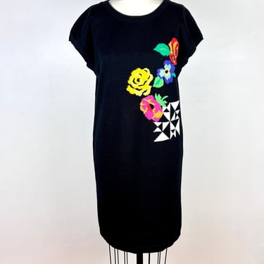 Vintage 80s Escada Sweater Dress / 1980s Vintage Dress / Black Geometric Floral Stretchy Knit Dress / Small Medium 1990s 90s Sleeveless 