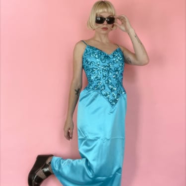 VTG 80s Blue Sequin/Satin Gown 
