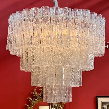 Large Italian Murano Mid-century Tiered Chandelier with Textured Glass Tubes