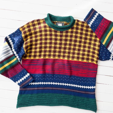 chunky grandpa sweater | 80s vintage red blue yellow green plaid striped dark academia mock neck sweater 