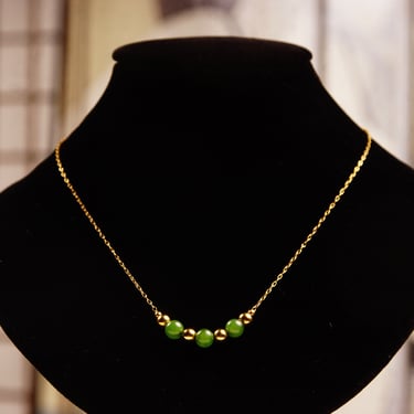 Vintage Van Dell 12KT GF Jade Bead Choker Necklace, Inline Green & Gold Bead Pendant, Delicate Yellow Gold Chain, 14 1/2