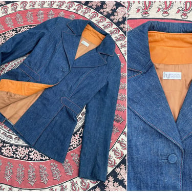 Vintage ‘70s wide lapel dark wash denim blazer | high end designer jacket with butter soft leather details & peplum, M 