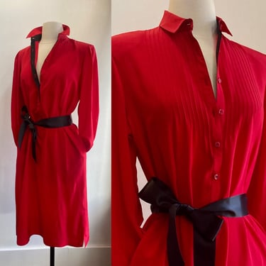 Vintage 70s Silk Dress / RED / Shirtwaist + Pintuck Detail / POCKETS + Black Trim / Francesca of Damon for Starington 