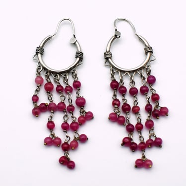 70's pink spinel sterling tribal waterfall hoops, vibrant 925 silver beaded boho dangle earrings 