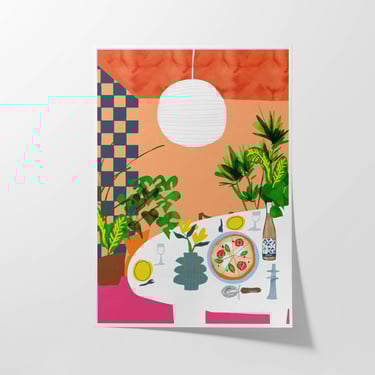 Pizza Night Art Print – Colorful Dining Table with Houseplants, Wine & Candle – Bold Dopamine Decor for Kitchen or Dining Room 