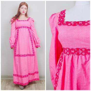 1970s Vintage Pink Cotton Empire Waist Princess Dress / 70s / Seventies Romantic Lace Trim Tiered Maxi Prairie Gown / Size Small - Medium 