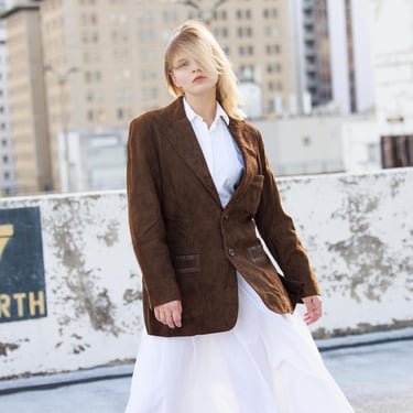 70s Dark Brown Suede Long Sleeve Blazer Vintage Double Collar Oversize Soft Suede Jacket 