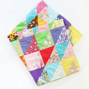Vintage 1960s Patchwork Quilt Baby Blanket 41x40 - 60s Colorful Hand Sewn Receiving Blanket - Play Quilt Tummy Time 