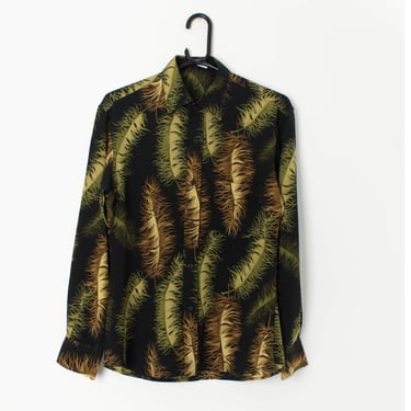 Vintage fitted shirt in black with green feather print - Small 