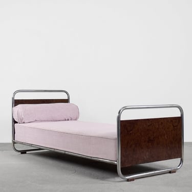 Vintage Art Déco Streamline Burled Wood Tubular Steel Bauhaus Bed, 1920s 