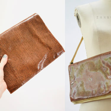 70s Vintage Brown Leather Envelope Bag Clutch Brown Tan Leather Snakeskin Shoulder Bag// Brown Patent Leather Snake Skin Bag Purse 