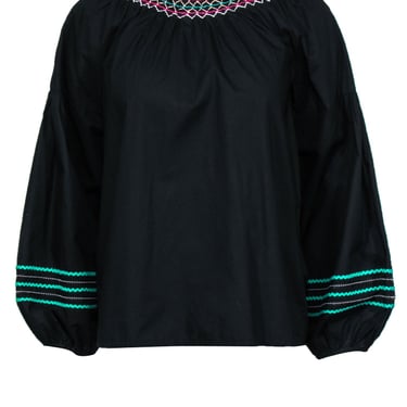 Joie - Black Balloon Sleeve Cotton "Ghada" Blouse w/ Multicolor Embroidery Sz S