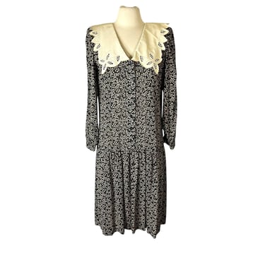 Vintage Leslie Fay Farm core Cottagecore Black White Bow Print Wide Embroidered Collar Dress Size 14 coquette 