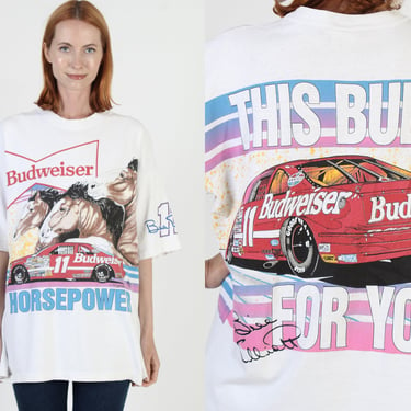 Budweiser Horsepower All Over Print T Shirt, This Buds For You Horse Tee, Bill Elliot Nascar AOP White Beer T-Shirt 