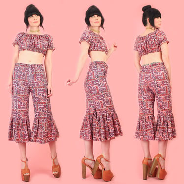 ViNtAgE 60's 70's India Cotton Block Print 2 Piece Set // Ruffled Kick Flares + Crop Top HiPPiE sz.S 