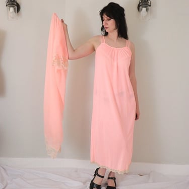 1960's Hot Pink Lingerie Set/ Vintage Robe and Slip Set 