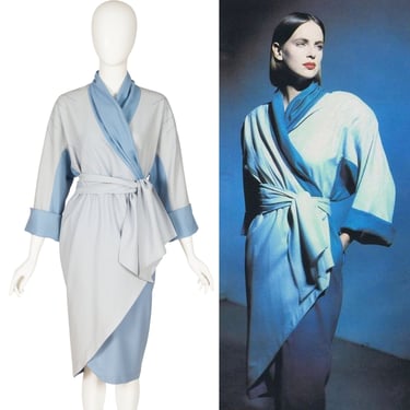 Thierry Mugler 1984-85 F/W Vintage Two-Tone Blue Wool Wrap Dress Sz S 