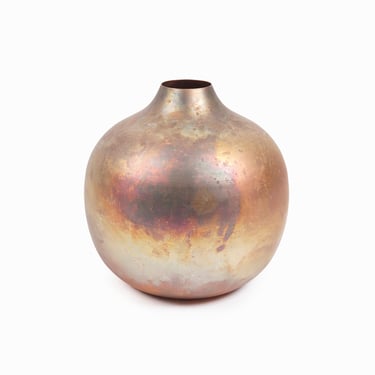 Antiqued Iridescent Copper Vase Burnished Metal Bulbous Form 