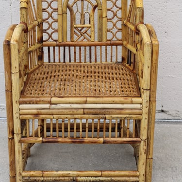 Vintage Brighton Chinoiserie Burnt Bamboo Rattan Cane Seat Double Arm Chair MCM 