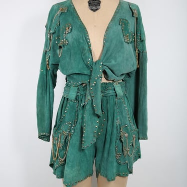 Artisan Handmade Vintage Green Suede Patchwork Jacket and Shorts with Gold Studs and Chain Hippie Festival Woodstock Rock RocknRoll Concert 