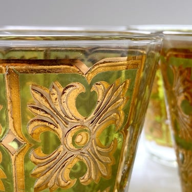 Rare Georges Briard double old fashioned whiskey glasses Green & gold vintage rocks cocktail glasses 