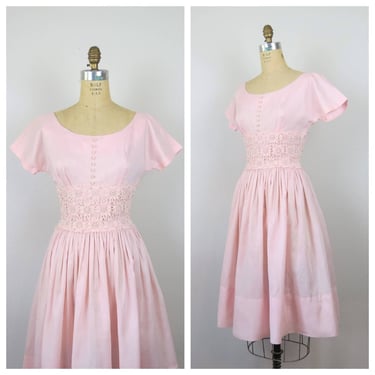 Vintage 1950s dress, fit and flare, pink, lace, beaded, cotton 