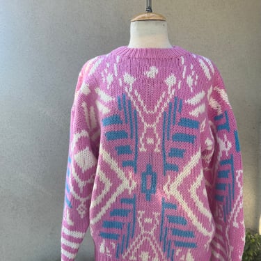 Vintage 80s wool knit sweater pink blue white pullover Sz M by CB Sports 