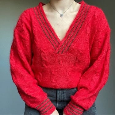 Vintage 80s Red Fluffy Mohair Deep V Neck Cable Knit Festive Sweater Size M 