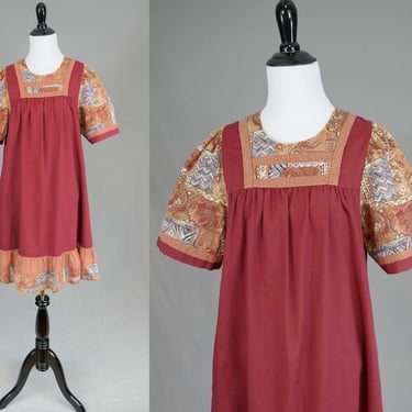 80s 90s Island Attitudes Dress - Kokopelli - Ruffle Hem - Brick Red Rust - Cotton - Vintage 1980s 1990s - M 