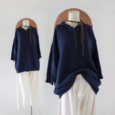 loose fit sweater - one size - vintage 1980s 90s navy blue oversized womens casual sweater 