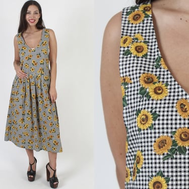 Country Cottage Garden Floral Pinafore, 90s Sunflower Print Apron, Vintage 90s Gypsy Style Gingham Print Dress 