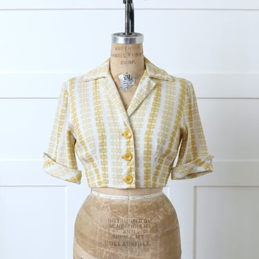 vintage 1950s ~ 60s cropped jacket • white & yellow woven soft cotton tailored bolero 