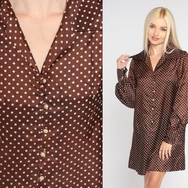 70s Shirtdress Brown Polka Dot Mini Dress Mod Button Up Shift Wing Collar Long Balloon Sleeve Retro Collared Minidress Vintage 1970s Small S 