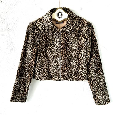 Vintage 90s Faux Fur Animal Print Jacket Wavy Leopard Cheetah Lightweight Collared Coat 