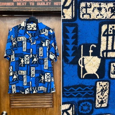 Vintage 1960’s Size L Atomic Tribal Tiki Mod Cotton Hawaiian Shirt, 60’s Vintage Clothing 