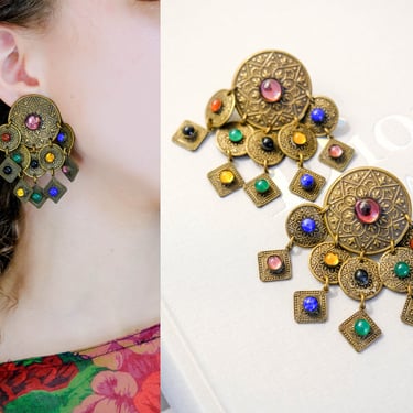 Vintage 80s Marjorie Baer of San Francisco Copper & Colored Glass Bohemian Dangle Clip On Earrings | 1980s Designer Costume Boho Jewelry 