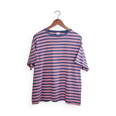 vintage striped shirt / 90s t shirt / 1990s Cherokee pink and blue striped faded crew neck boxy t shirt XL 