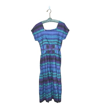 Vintage Daniel Hechter Blue Purple Striped Square Neck shirtwaist Dress size 36 made in France 