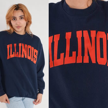 Illinois Sweatshirt 90s University Sweater Graphic College Crewneck Pullover NCAA Fighting Illini Navy Blue Vintage 1990s Tultex Medium 