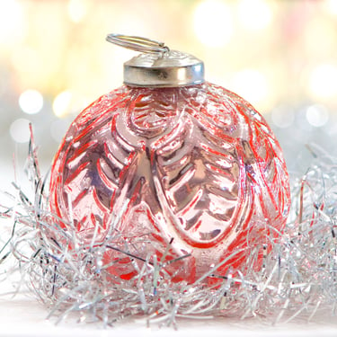VINTAGE: 3" Thick Textured Pale Pink Glass Ornament - Kugel Style Ornament - SKU 30-406-00033418 