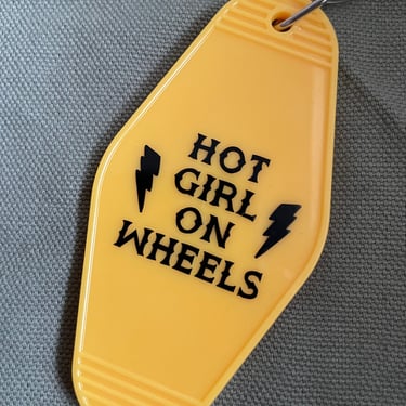 Hot Girl on Wheels yellow & black motel hotel vintage style acrylic keychain 