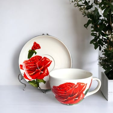 VINTAGE Oversized Porcelain Drinkware with Rose motif Extra Large Ceramic Tea Cup Massive Porcelain Coffee Cup with Red Rose Accents 