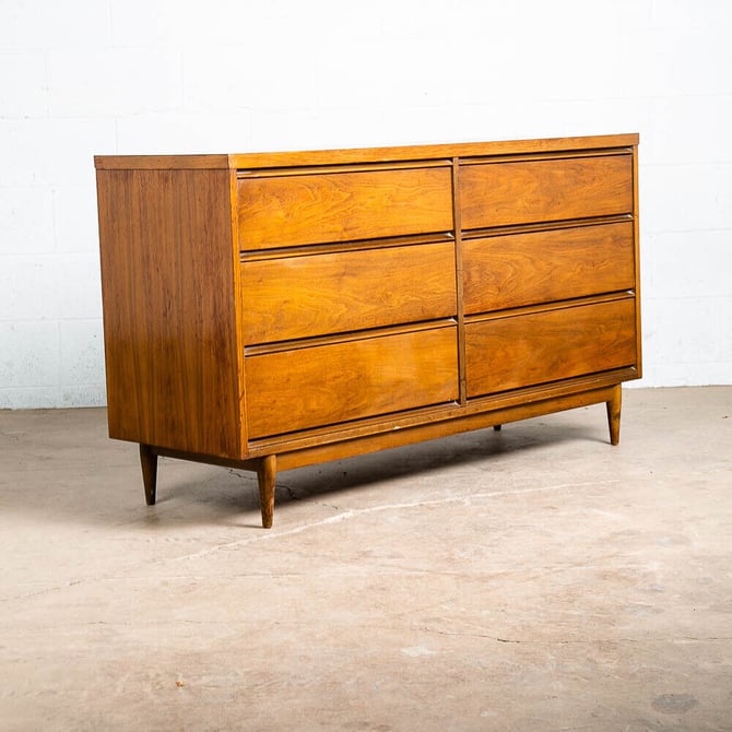 Mid Century Modern Credenza Dresser 6 Drawer Walnut Vintage Mcm American Bassett