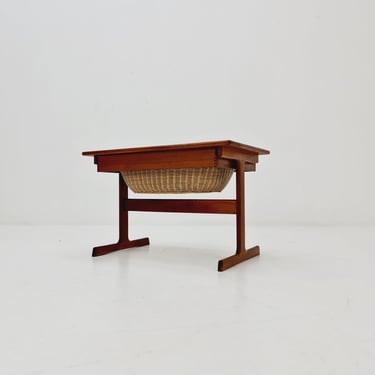 Vintage Danish teak and rattan sewing table/ side table cabinet by Kai Kristiansen for Vildbjerg, 1960s 