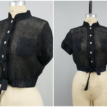 Vintage 1990s Black Netted Crop Top, 90s Crop Top, Minimalist Modern Style, Size Sm/Med by Mo