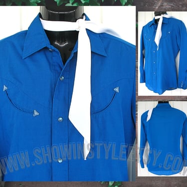 Levi's Vintage Western Men's Cowboy Shirt, Rodeo Shirt, Royal Blue with Smile Pockets, Long Sleeves, Tag Size Medium (see meas. photo) 