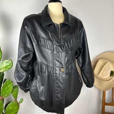 Vintage 1990s Mid Length Black Leather Coat 
