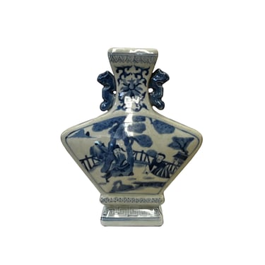 Chinese Blue White Porcelain Oriental Graphic Fan Shape Vase ws3002E 