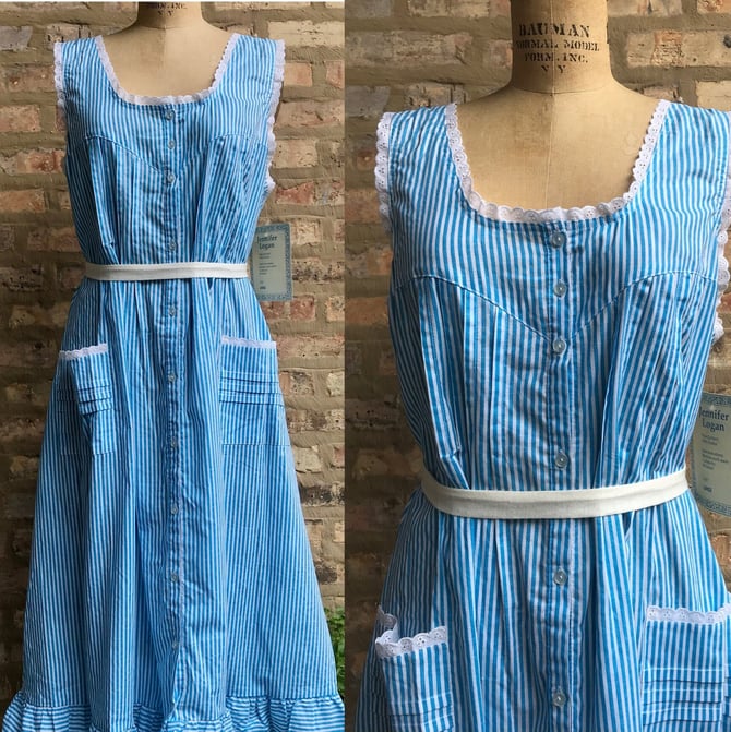 1990's Blue Pinstripe Farmhouse Dress from Jennifer Logan 